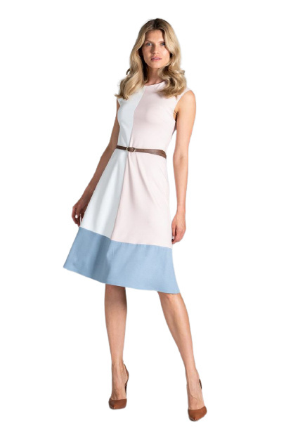 Sukienka Midi - Trójkolorowa Bez Rękawów - ecru różowy niebieski